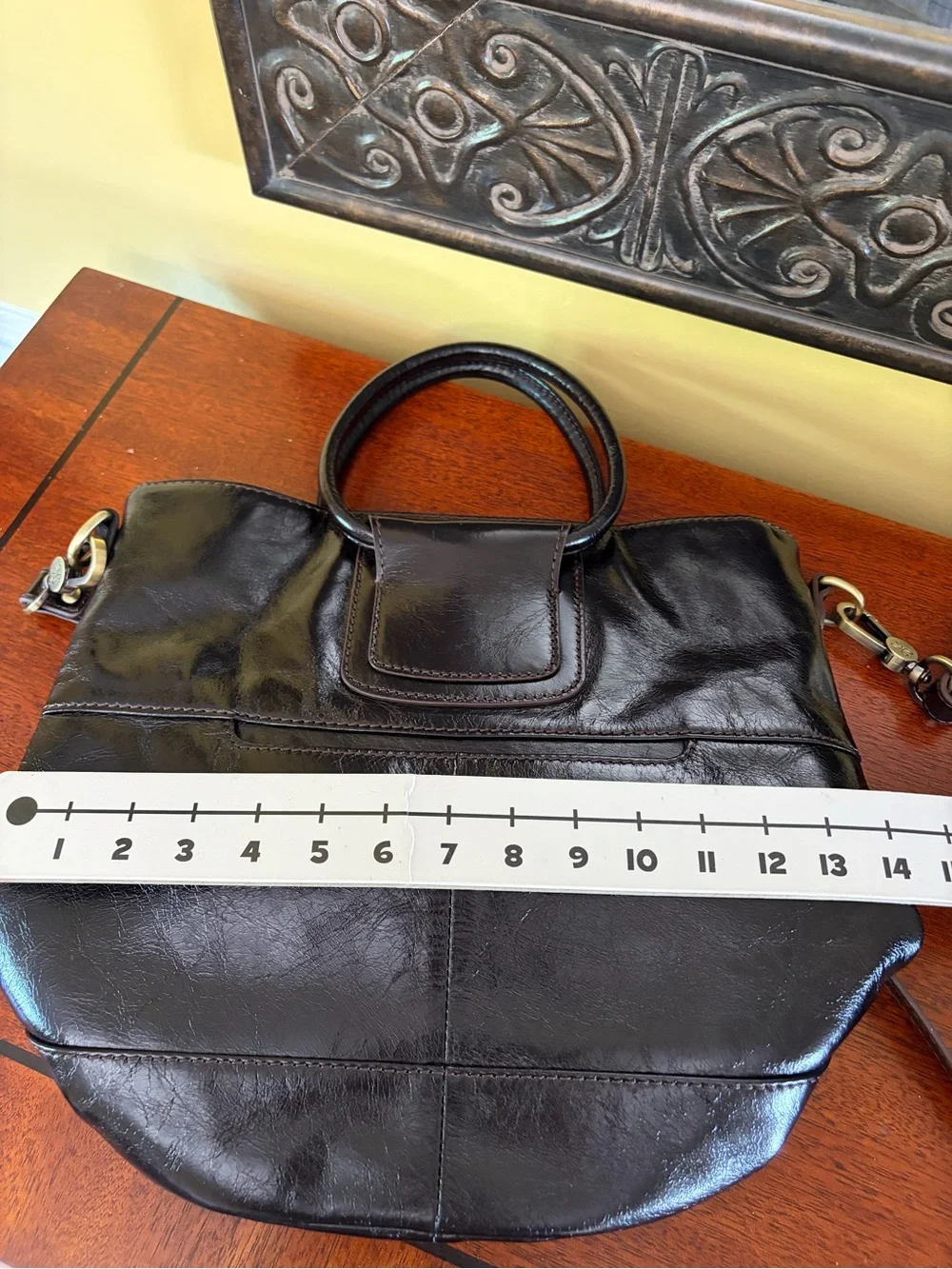 HOBO Maggie Satchel/Crossbody Polished Black Leather And Sleek Handles